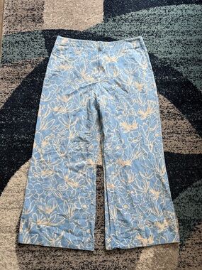 Zara Light Blue and Cream Floral Wide-Leg Pants